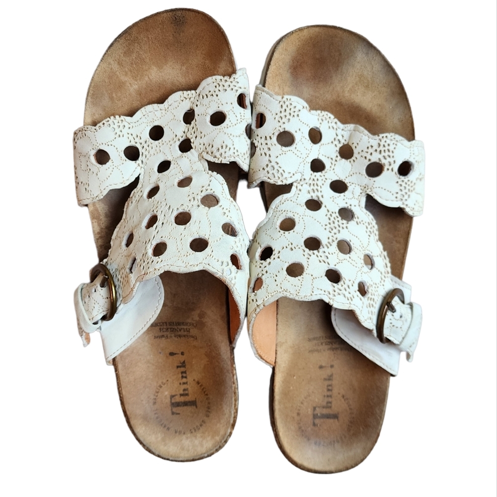 Think! Women's Sandals Ivory Leather upper with a Birkenstock style footbed